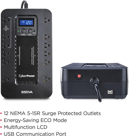 CyberPower EC850LCD Ecologic Battery Backup & Surge Protector UPS System, 850VA/510W, 12 Outlets, ECO Mode, Compact, Uninterruptible Power Supply