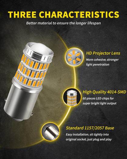 AUXLIGHT 3157 3156 4157 3057 3357 LED Bulbs, Ultra Bright 60-SMD LED Replacement for Turn Signal Blinker Lights, Brake/Tail Lights, Parking/Running Lights, Amber Yellow (Pack of 2)
