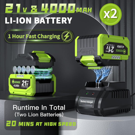 GREENER 21V Leaf Blower Cordless - 460CFM/145MPH Turbo Mode Electric Leaf Blower with 2 X 4.0Ah Battery and Fast Charger Included, Blowing Leaves and Dust, Patio Cleaning