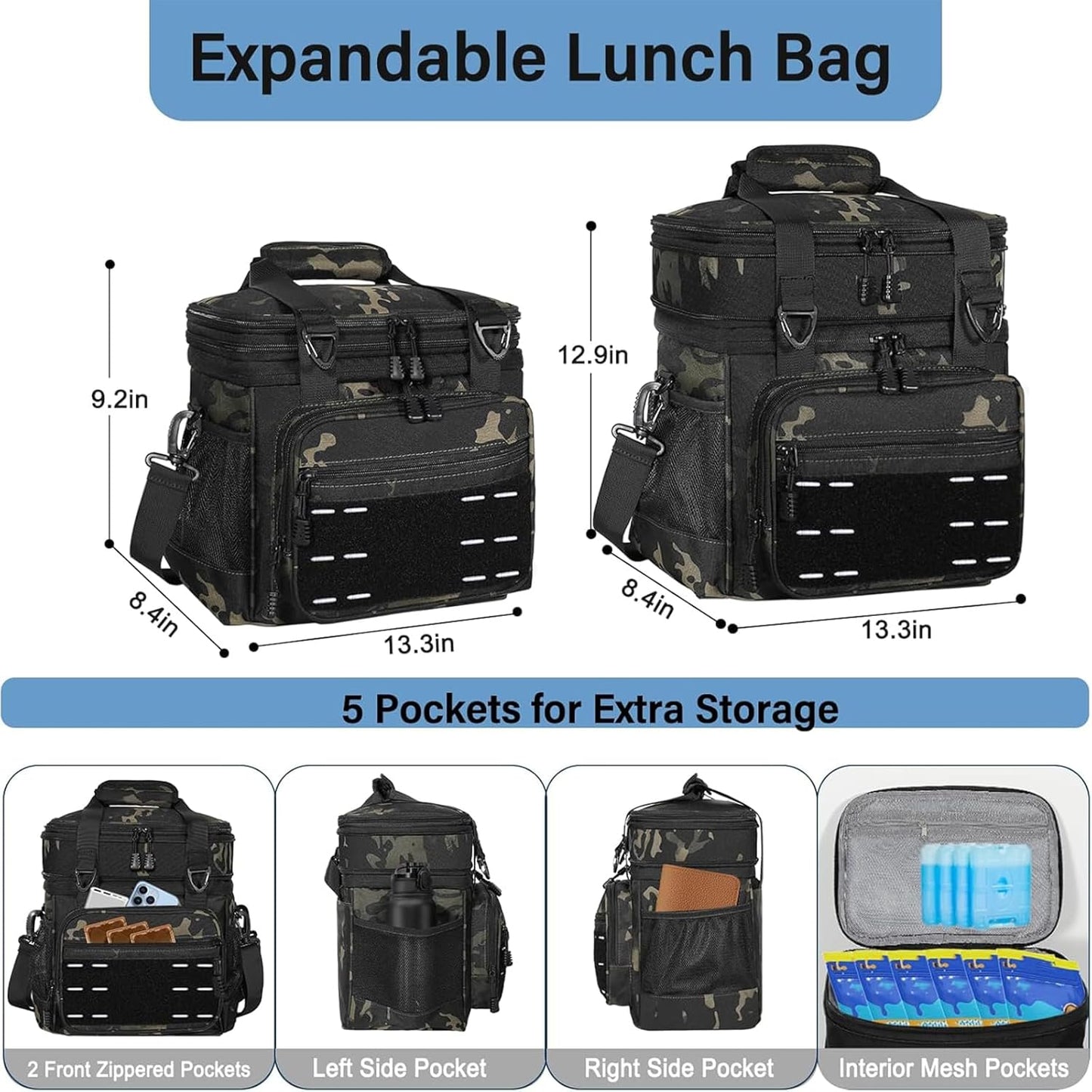 Lunch Box Cooler Bag - Insulated Tactical Lunchbox for Men - XLarge Lunch Pail Lunch Kit for Adults Work Outdoor Shifts Trips Black Camo 25L