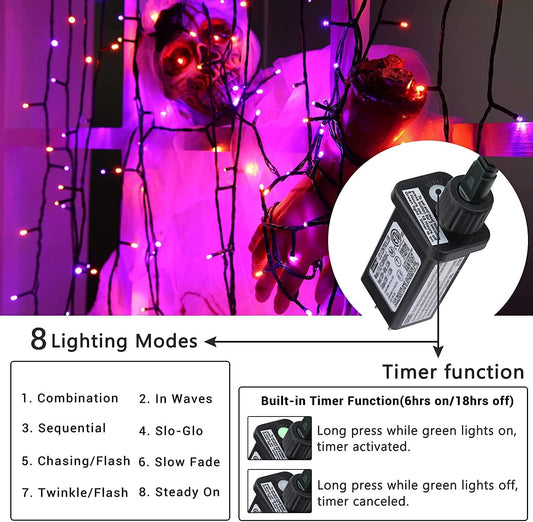 Orange and Purple Halloween Lights, 114ft 300 LED Halloween String Lights with 8 Modes, Waterproof Plug in Orange Purple Fairy Lights for Halloween Party, Garden, Indoor Outdoor Halloween Decor - PuriLite