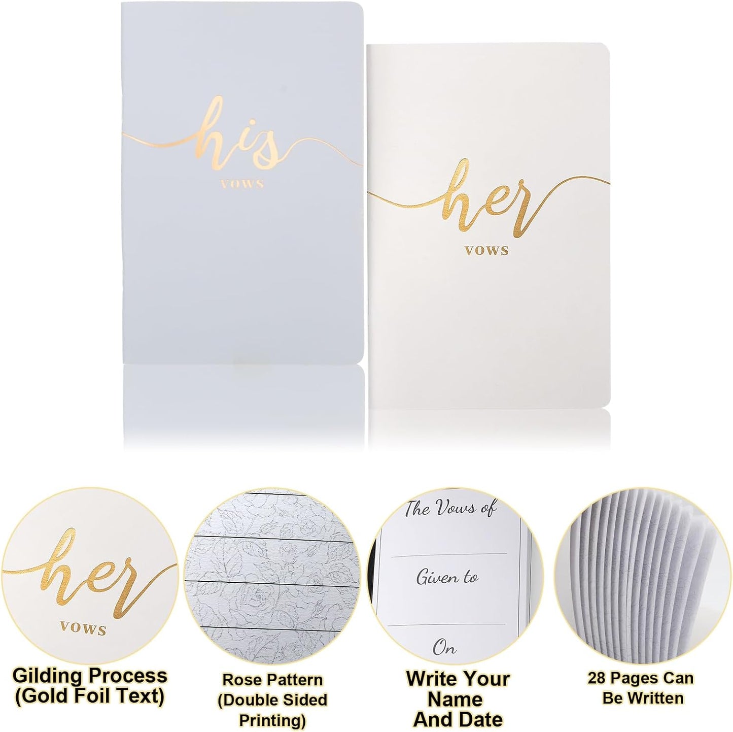 Vekola Vow Books for Wedding His and Hers Elegant Gold Foil Set of 2 Wedding Notebook with 28 Pages (Navy Blue+White)