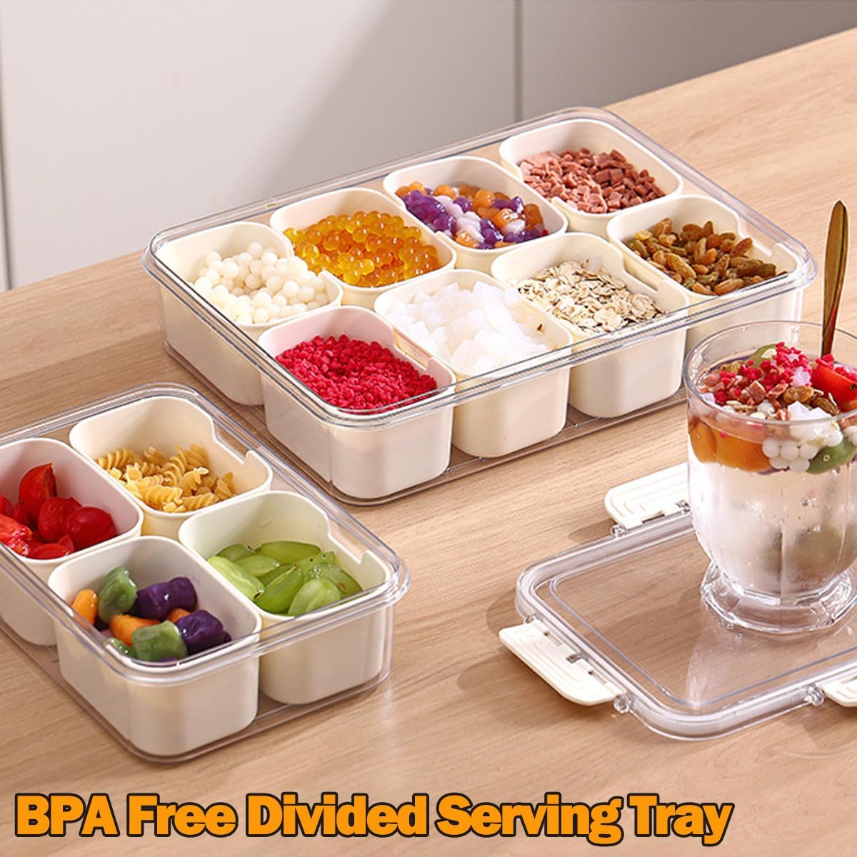 KIGITIONE Snackle Box, Pink 8 Compartments Portable Serving Tray, Divided Snackle Box Container with Lid and Handle, Snack Organizer for Fruits, Snacks, Nuts, Candy, Ideal for Party, Travel & Picnics