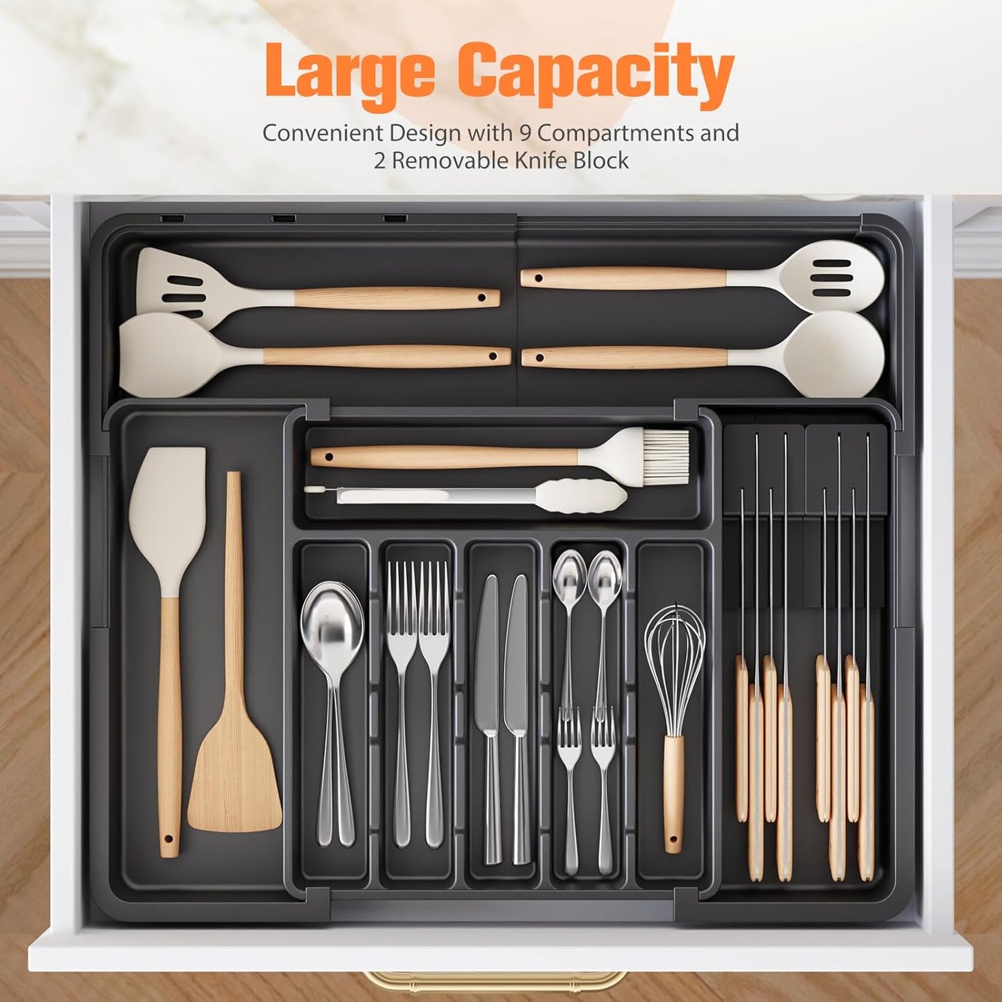 Ceecysaa Cutlery Tray Drawer Organizer with Removable knife blocks, Expandable Utensil Tray for Kitchen,Adjustable Plastic Storage and Storage Drawer Divider for Spoons Forks Knives,Large, Black