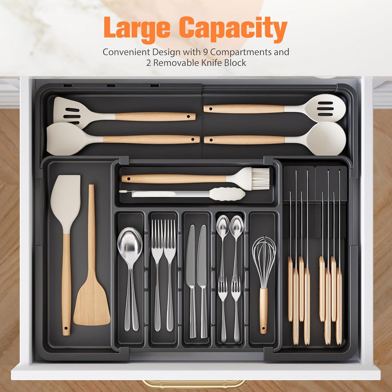 Ceecysaa Cutlery Tray Drawer Organizer with Removable knife blocks, Expandable Utensil Tray for Kitchen,Adjustable Plastic Storage and Storage Drawer Divider for Spoons Forks Knives,Large, Black