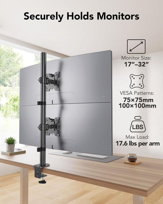 HUANUO Vertical Dual Monitor Mount for 17–32 Inch Screens, 17.6 lbs Capacity Each, Extra Tall Stacked Monitor Stand with Height Adjustment and C-Clamp,Gaming Monitor Arm