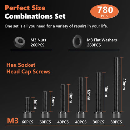 360Pcs M4 Screw Assortment Kit, Bolts Screws Nuts Kit, M4*6/8/12/16/20/30mm Metric Hex Socket Head Cap Bolts, 12.9 Grade Alloy Steel Black Screws with Wrench for 3D Printer, Black Zinc Plated