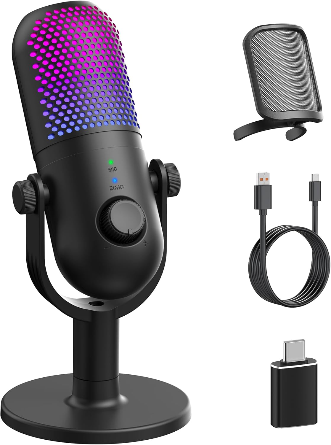 USB Condenser Microphone for PC & Laptop – RGB Streaming Mic with Stand, Quick Mute, Noise Reduction, Adjustable Reverb for Podcasting, Gaming, Singing & YouTube Recording - PuriLite