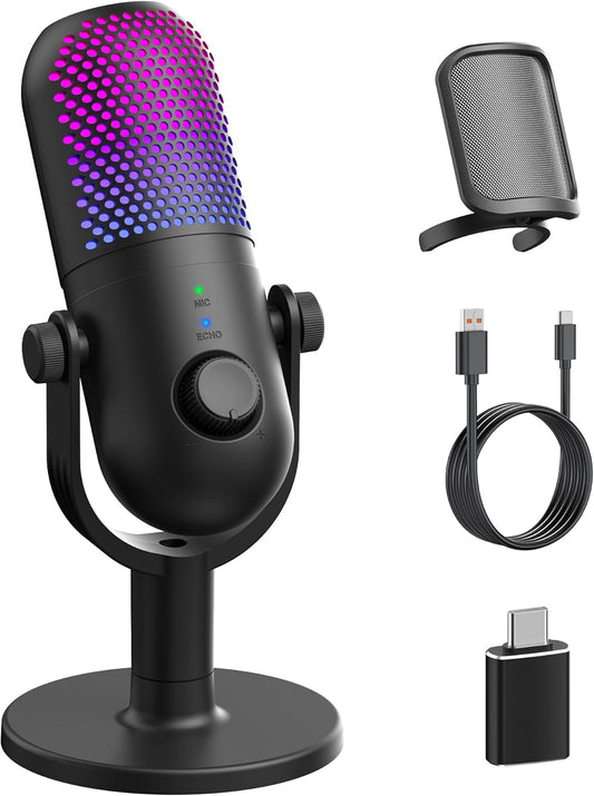 USB Condenser Microphone for PC & Laptop – RGB Streaming Mic with Stand, Quick Mute, Noise Reduction, Adjustable Reverb for Podcasting, Gaming, Singing & YouTube Recording