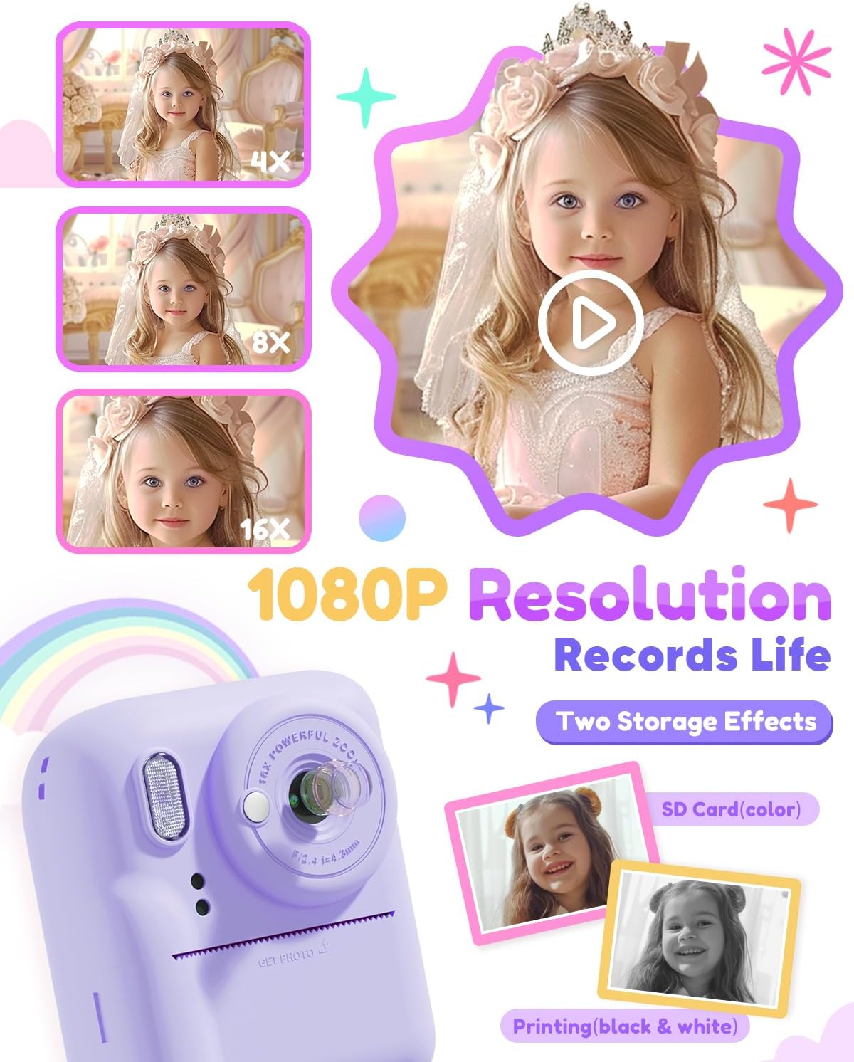 Pussan Kids Camera Instant Print, 1080P Instant Print Camera Toys for 3-12 Year Old Girls, Christmas Birthday Gifts for Age 3 4 5 6 7 Girls, Kids Digital Camera Toys with 3 Rolls Print Paper-Pink