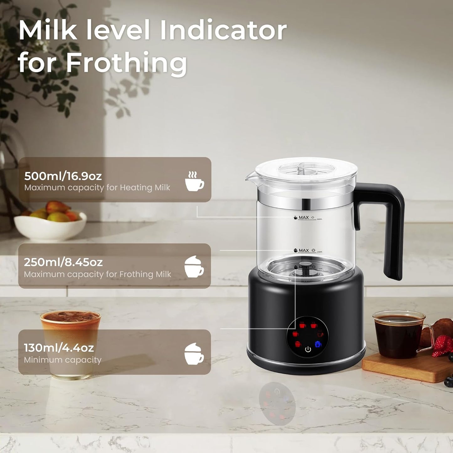JXXM 6-IN-1 Milk Frother 600 Watts, 22 oz Split Stainless Steel, Hot and Cold Milk Frother for Latte, Macchiato, Cappuccino and Hot Chocolate, Black