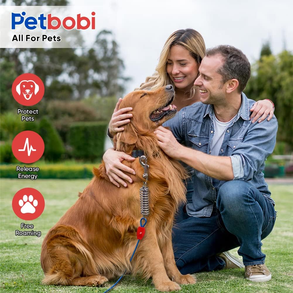 Petbobi Dog Tie-Out Cable and Stake - 30ft Heavy Duty Cable with Spring, No Tangle, 16in Ground Stake, Ideal for Yard, Camping and Beach, Suitable for Small Medium Large Dogs Up to 120 lbs, Blue