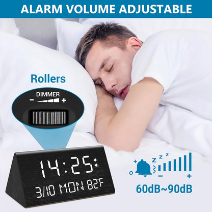 Kogonee Wooden Digital Alarm Clock, 0-100% Dimmer, 2 Alarm Settings, Weekday/Everyday Mode, 9 Mins Snooze, 12/24H, Temperature and Date Display for Office, Travel, Bedroom Alarm Clock (White)