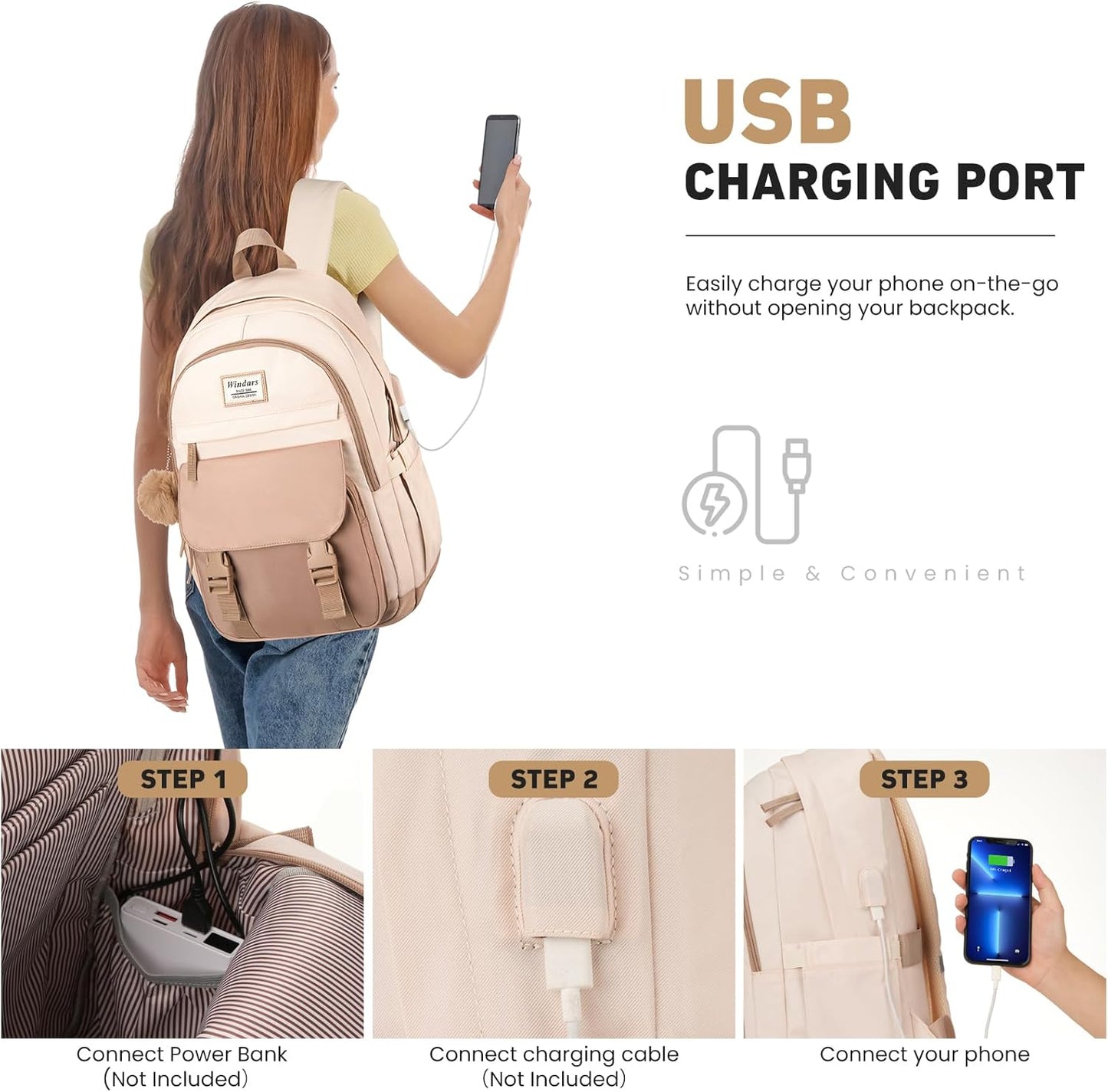 WINDARS School Backpack for Teen Girls, Cute College Backpacks for Women Students Aesthetic Bookbag Large 15.6 Inch Laptop Bag Middle School Travel Back Pack (Khaki Beige)