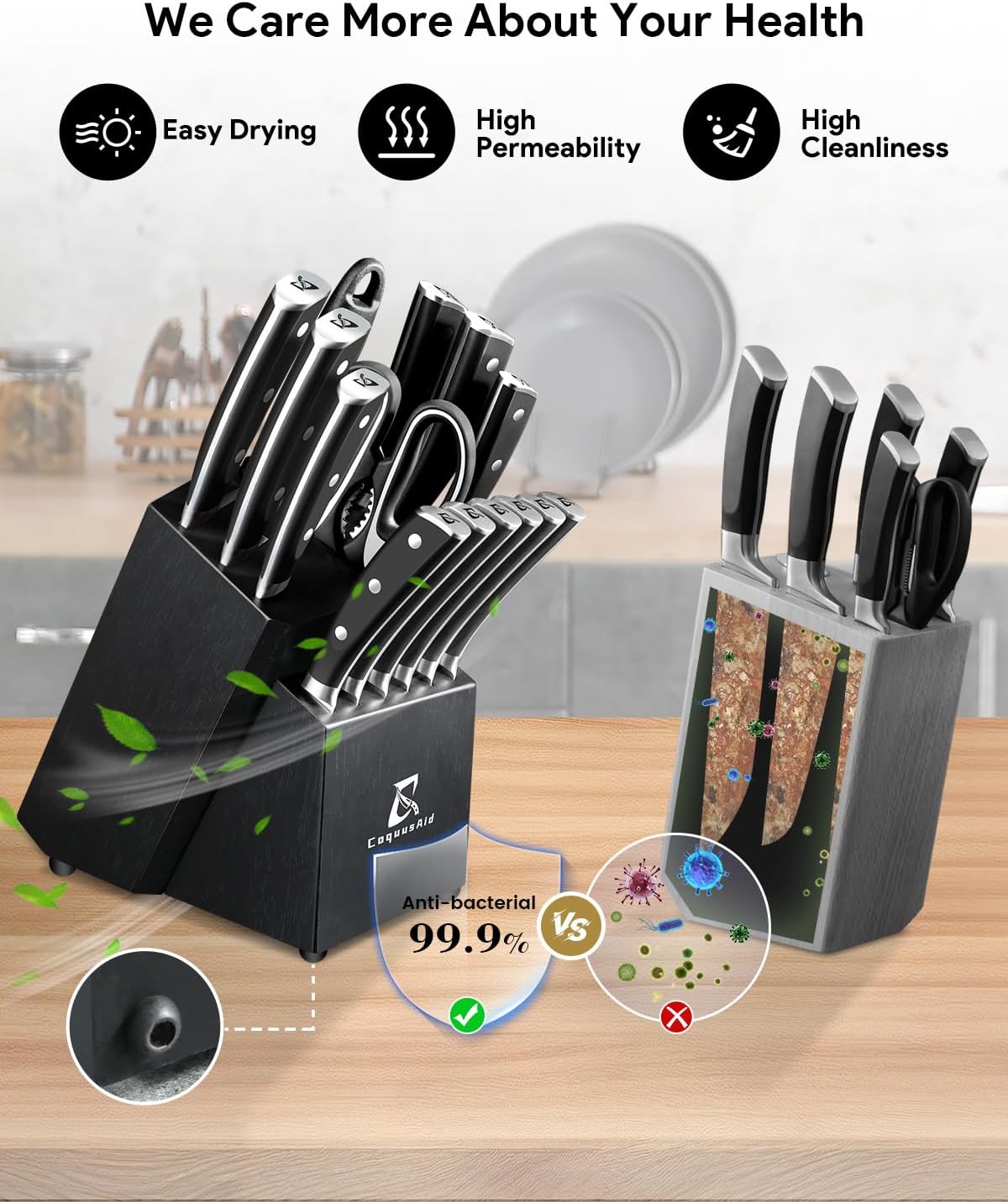 Knife Set with Block, Kitchen Chef Knives Set with Sharpener, Stainless Steel Knife Block Set, 6 Pcs Steak Knife Set Serrated, German Dishwasher Safe, Beveled Design Brown 15 Pieces