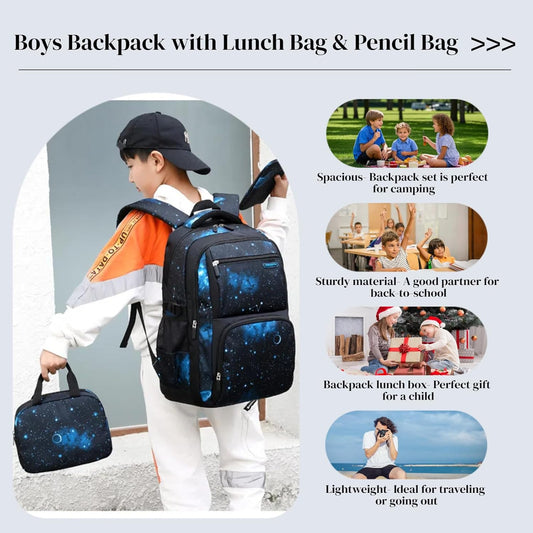 Boys Backpacks Primary Junior High School Bag Kids Bookbag with Lunch Bag 3 in 1 Casual Daypack Set Space Galaxy Durable Knapsack - PuriLite