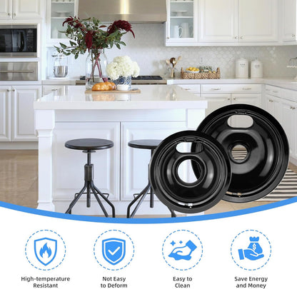 1 Large and 3 Small Stove Drip Pans for GE Electric Stove Top, Set of 4 Durable Porcelain Enamel, High Heat Resistant, No Yellowing, Non-Stick Smooth Glaze, Easy to Clean Cooktop Replacement Parts