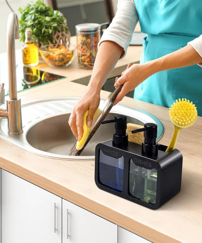 Kitchen Hand Soap and Dish Soap Dispenser Set – Dual Pump Soap Dispenser with Sponge and Brush Holder, 4-in-1 Sink Organizer, BPA-Free, Compact Kitchen Countertop Storage, Black