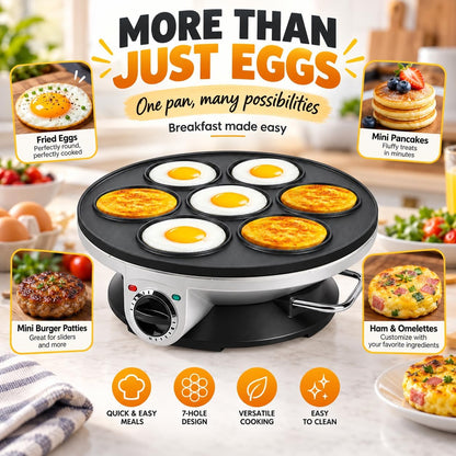 Omelette Pan, 7-Hole Electric Skillet, 3-Level Heat for Eggs & Burgers egg frying machine breakfast griddle mini burger maker pancake cooker divided skillet non stick countertop kitchen appliance
