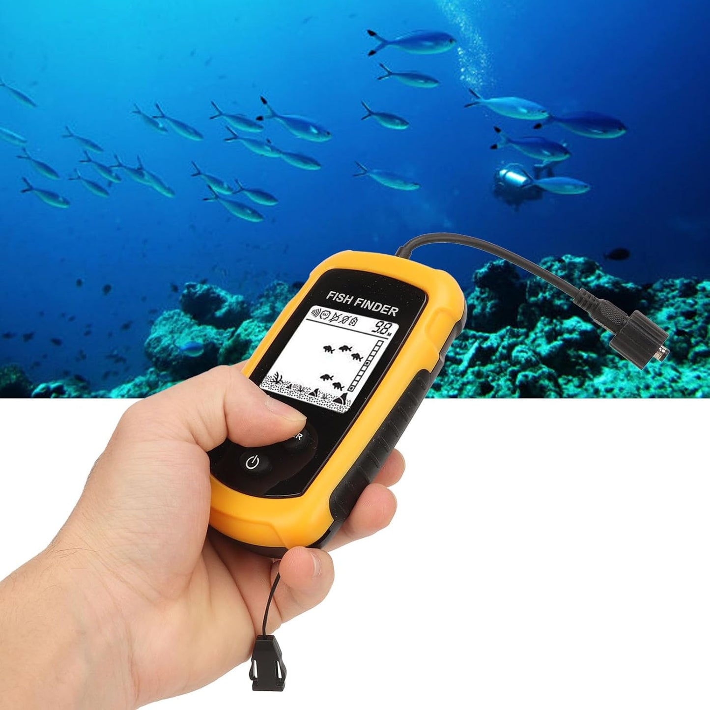 Portable LCD Display Fish Finder with 200khz Sonar Frequency, Handheld Portable Fish Depth Finder Fish Schools Alarm, Ideal for Kayak Boat Fishing