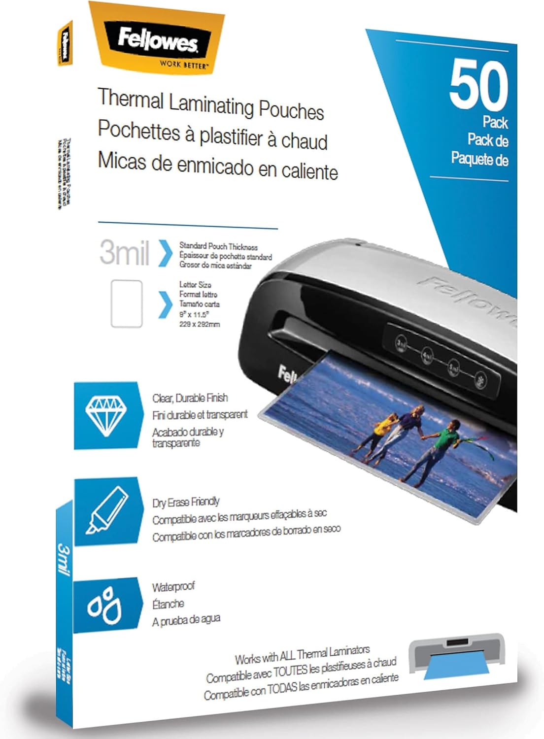 Fellowes Thermal Laminating Pouches, Letter Size Sheets 9 x 11.5-Inches, 3 mil, 200 Pack (5743401), Clear