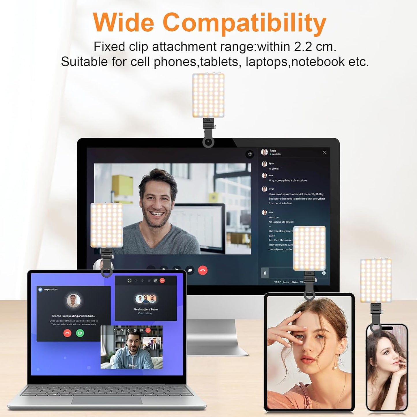TONEOF Portable Selfie Light,Rechargable 60 LED Phone Light with Clip & Double 1/4" Screw Hole,2500k-9000K Dimmable Camera Light for iPhone,Android,Laptop,Tablet,Selfie/Video Conference