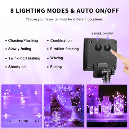 Solar Halloween Decoration Lights, JMEXSUSS 2 Pack 33FT 100 LED Orange and Purple Halloween String Lights, Halloween Lights with 8 Modes for Halloween Tree Yard Outdoor Spooky Party Garden Decorations