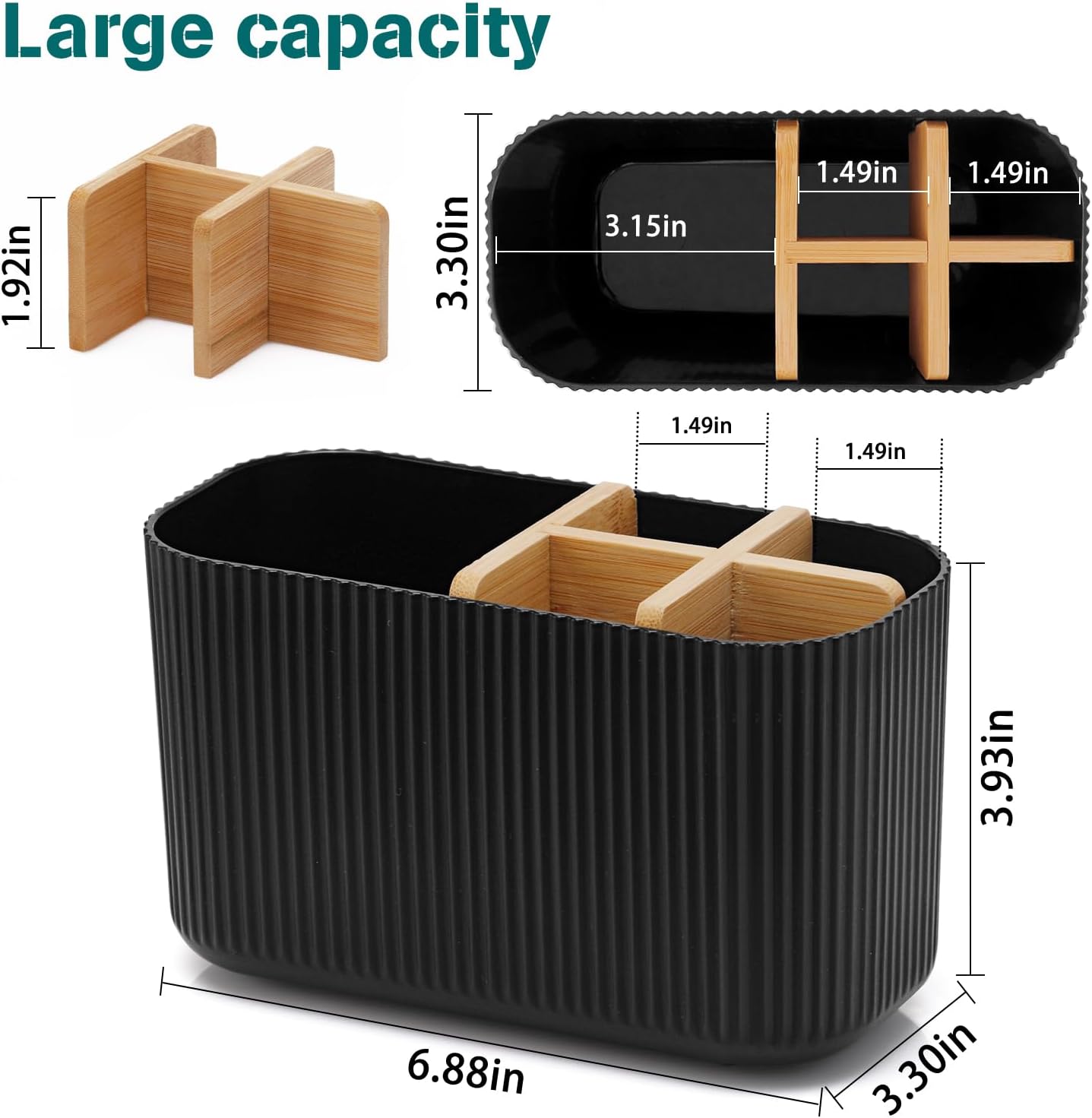 Black Bamboo Toothbrush Holder with 5 Slots, Bathroom Countertop Organizer for Toothbrushes and Accessories - PuriLite