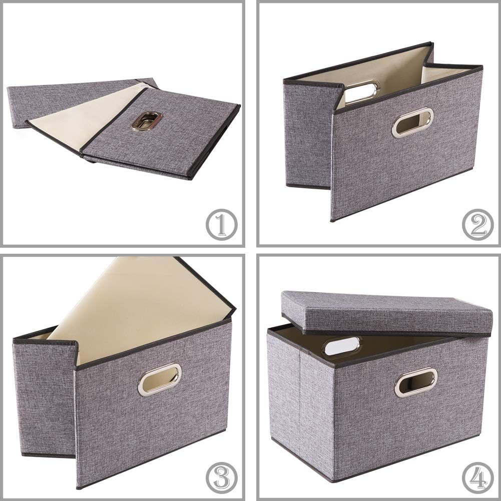 PRANDOM Large Foldable Storage Bin with Lid [1-Pack] Linen Fabric Decorative Storage Box Organizer Containers Basket Cube with Handles Divider for Bedroom Closet Office Living Room (17.7x11.8x11.8")