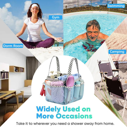 Mesh Shower Caddy Tote, Large College Dorm Bathroom Caddy Organizer with Key Hook and 2 Oxford Handles, Quick Hold, 8 Basket Pockets for Camp Gym