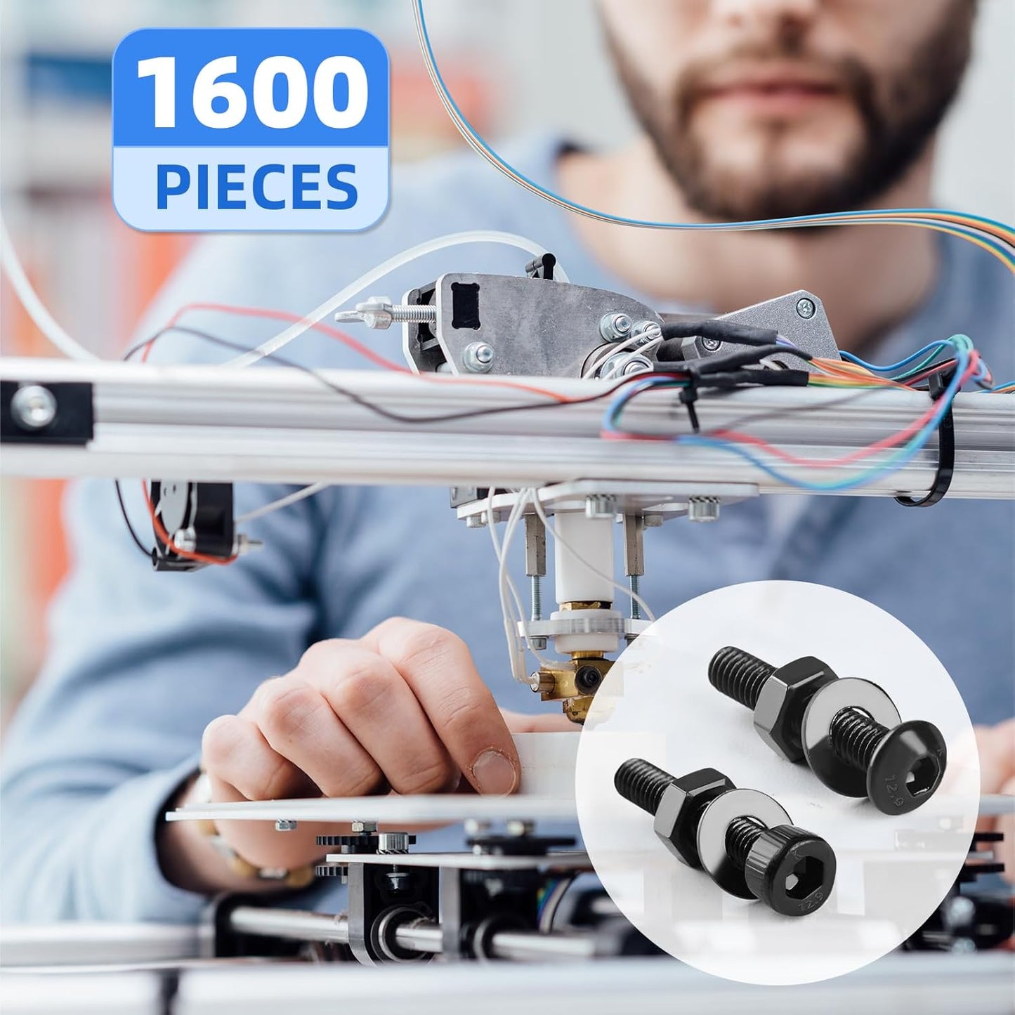 Besitu 1600Pcs M3 Screw Kit, 12.9 Grade Alloy Steel Hex Socket Button & Cap Head Metric Screw Assortment M3 Bolts and Nuts Washers Kit Black Small Machine Screw Set for 3D Printing