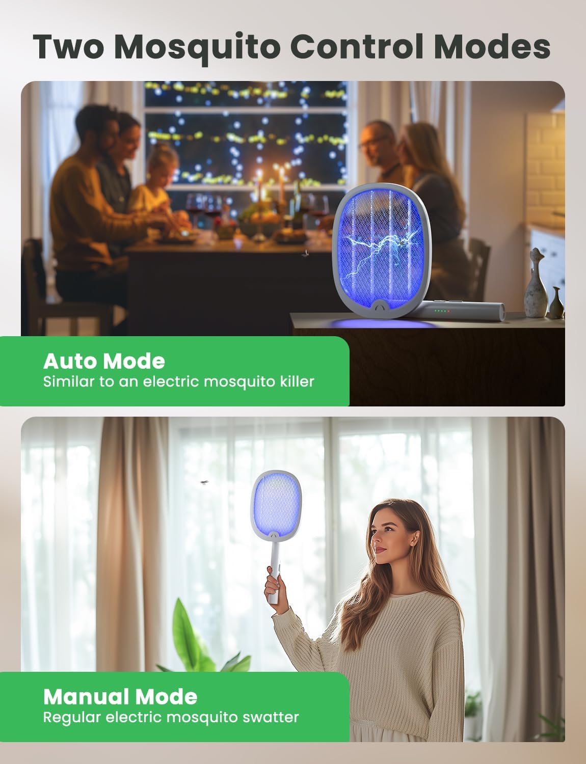 YISSVIC Bug Zapper Racket 4000 Volt Electric Fly Swatter Fly Zapper Dual Modes with Attractant Light Rechargeable White