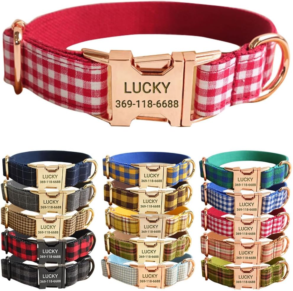 PETDURO Personalized Buffalo Plaid Dog Collar Red Black - Engraved Name and Phone Number on Black Metal Buckle - Custom for Small Medium Large Boy Girl Dogs - Add Leash Bow Tie via Customize Now