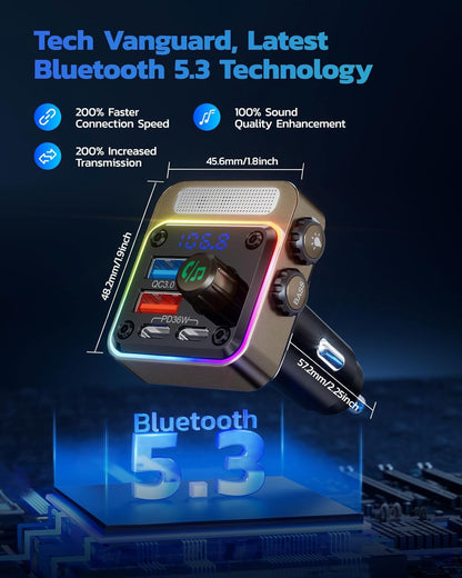 Nulaxy 54W [PD 36W & QC3.0 18W] Bluetooth 5.3 Car Adapter with 4 Charging Ports, Wireless Radio FM Transmitter Audio Receiver with Deep Bass MP3 Music Player, 5 Colors LED Backlit, Hands-Free Calling