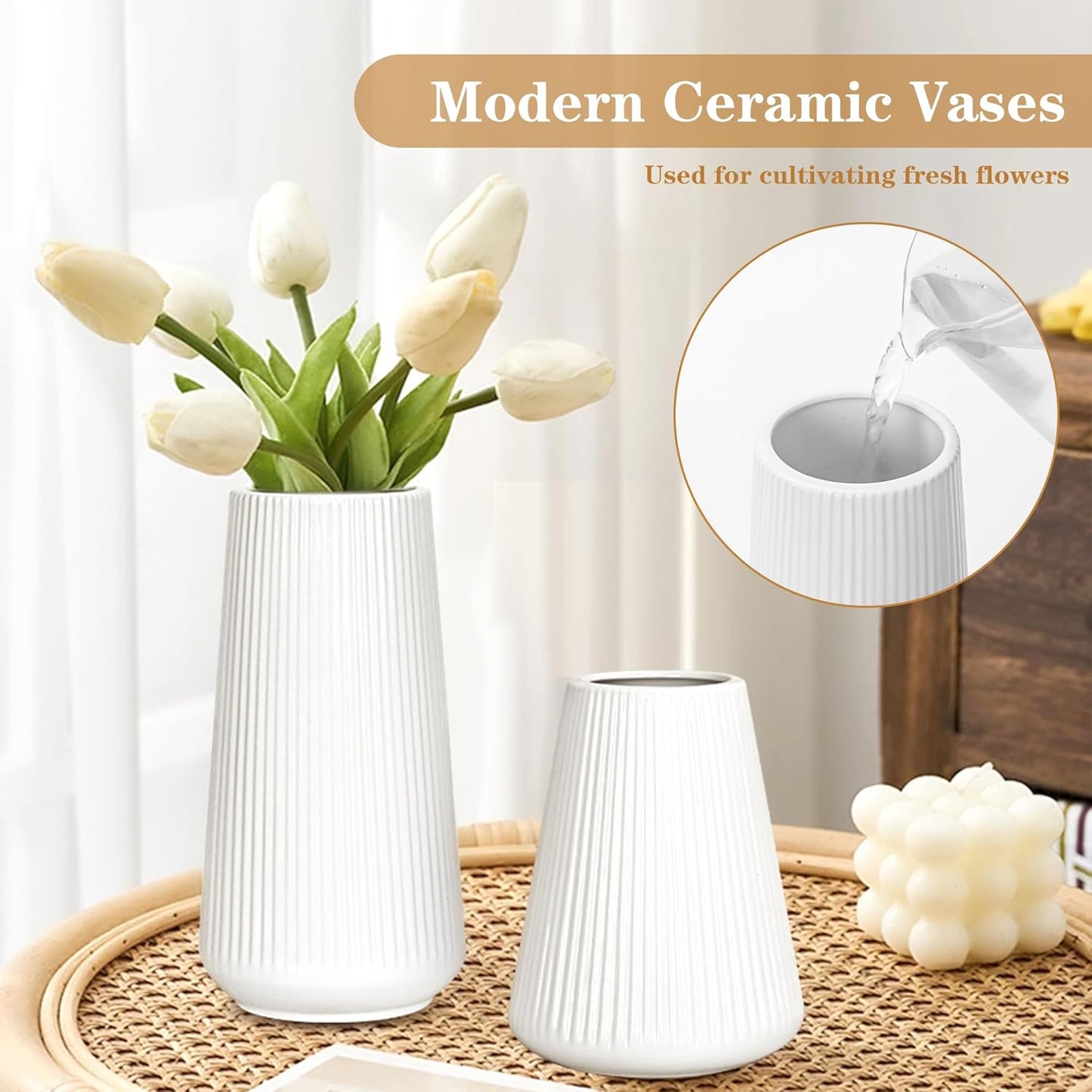 White Ceramic Vase, GUKJOB Small Cute Flower Vase for Pampas Grass, Home, Living Room, Dining Table, Farmhouse, Office Decor, Bedroom, Table, and Kitchen Shelf (White)