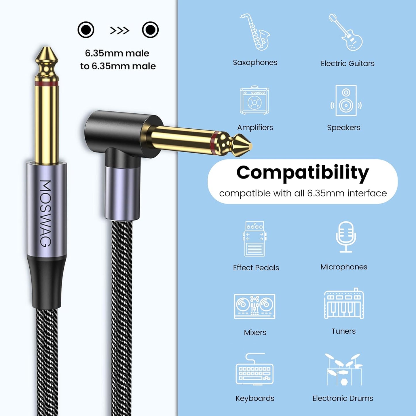 MOSWAG Guitar Cable 10 Ft, 1/4 Inch Right Angle Instrument Cable, Electric Guitar Cord, 1/4 Inch TS Electric Guitar Amp Cord Compatible Bass Guitar, Electric, Bass, Amplifier