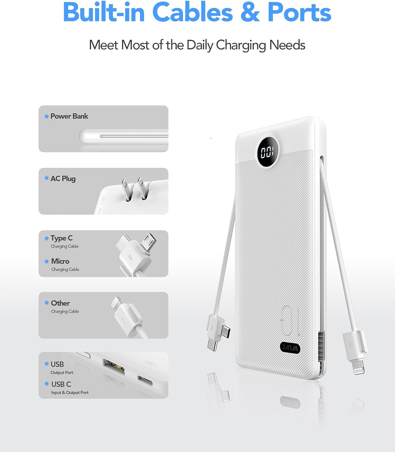 Power Bank Built-in Cables, VRURC 10000mAh Portable Charger USB C, Lightweight Charging Bank Built-in AC Plug, Replacement Battery Compatible with All Kinds of Cellphones, Tablet etc-Blue