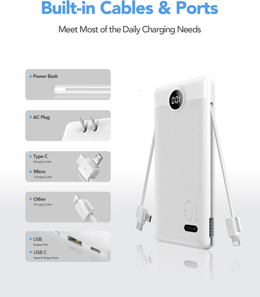 Portable Charger for iPhone, 10000mAh Power Bank with Built-in Cables & AC Wall Plug, USB C Phone Charger 5 Output External Battery Pack Compatible with iPhone Samsung Google Pixel Android -White