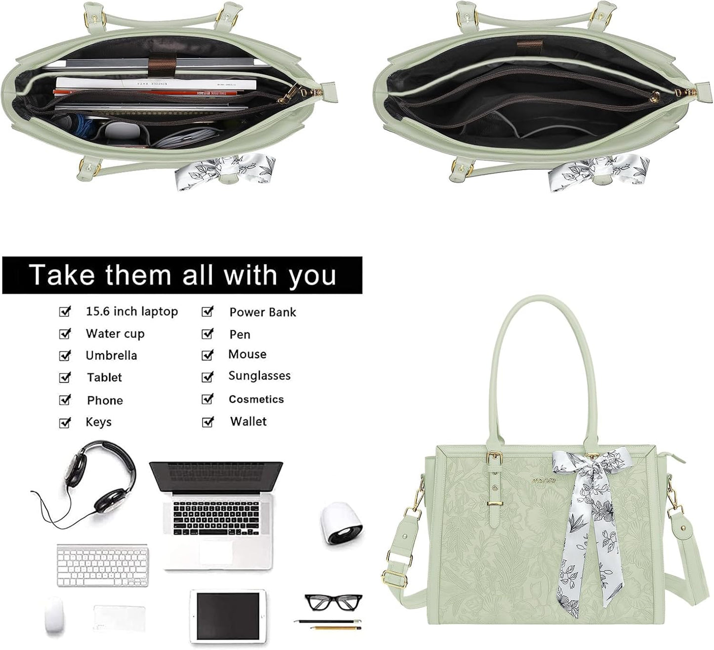 MOSISO Laptop Bag for Women, 17-17.3 inch PU Leathe Tote Bag Compatible with MacBook, HP, Dell, Asus Notebook, Front Embossed Retro Hibiscus Computer Bag with Silk Scarf&Clutch Purse, Gray - PuriLite