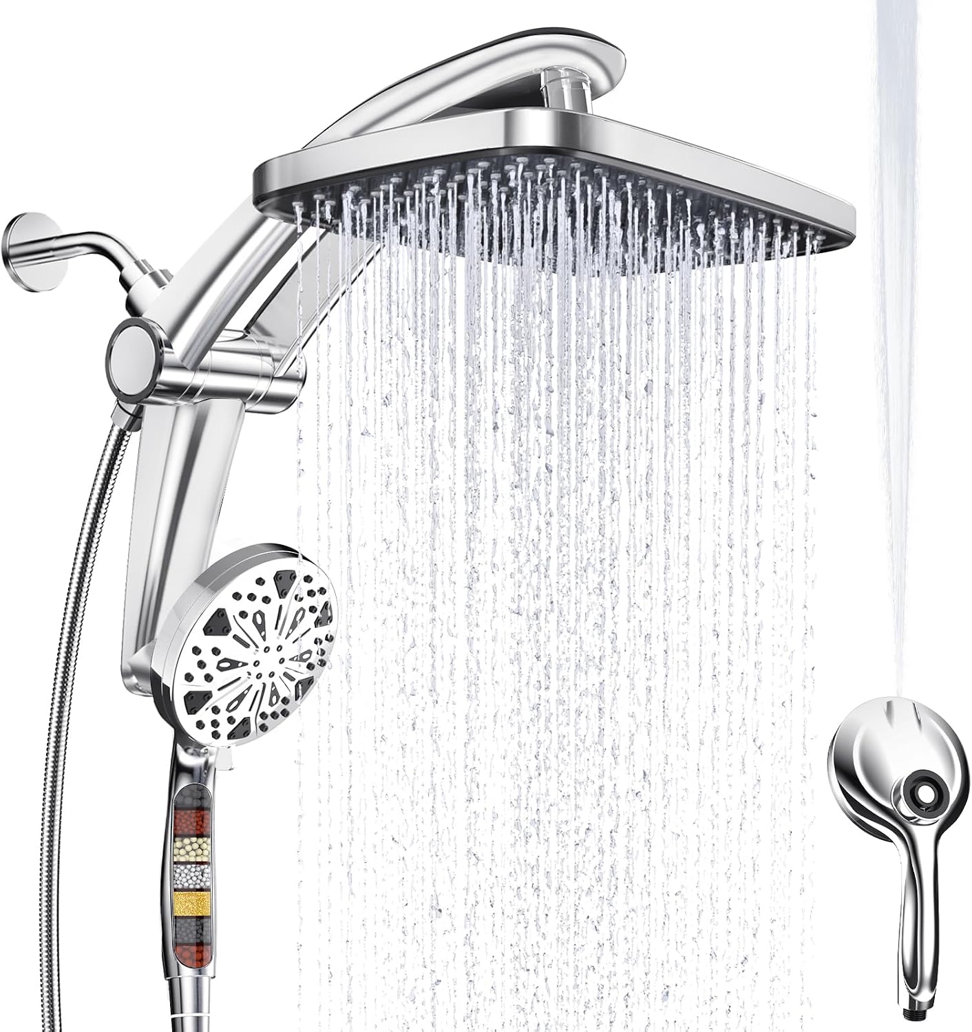 Rain Shower Head with Handheld High Pressure Rainfall Shower Heads with Handheld Spray Combo Adjustable one-piece Stand daul Shower Head Built-in Magnetic Docking and Power Jets（Sliver）