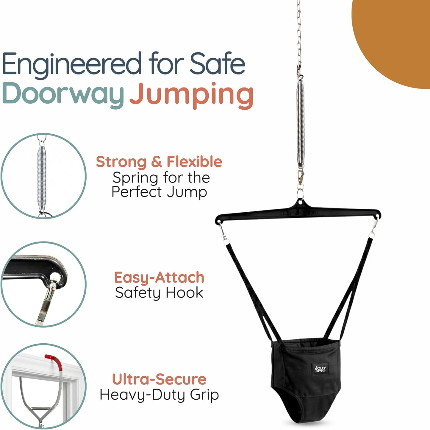 Jolly Jumper ICONIC Doorway Baby Jumper (Black), Indoor Exercise Saddle Seat, Adjustable Height, for Infants up to 28lbs, No Stand Required