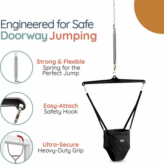 Jolly Jumper ICONIC Doorway Baby Jumper (Black), Indoor Exercise Saddle Seat, Adjustable Height, for Infants up to 28lbs, No Stand Required