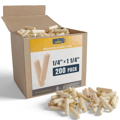 ALBO Wooden Dowel Pins 100 Pack Assorted Sizes 1/2 + 3/8 + 5/16 + 1/4 inch Fluted Wood Dowels Rods Hardwood Crafts Dowel Pegs