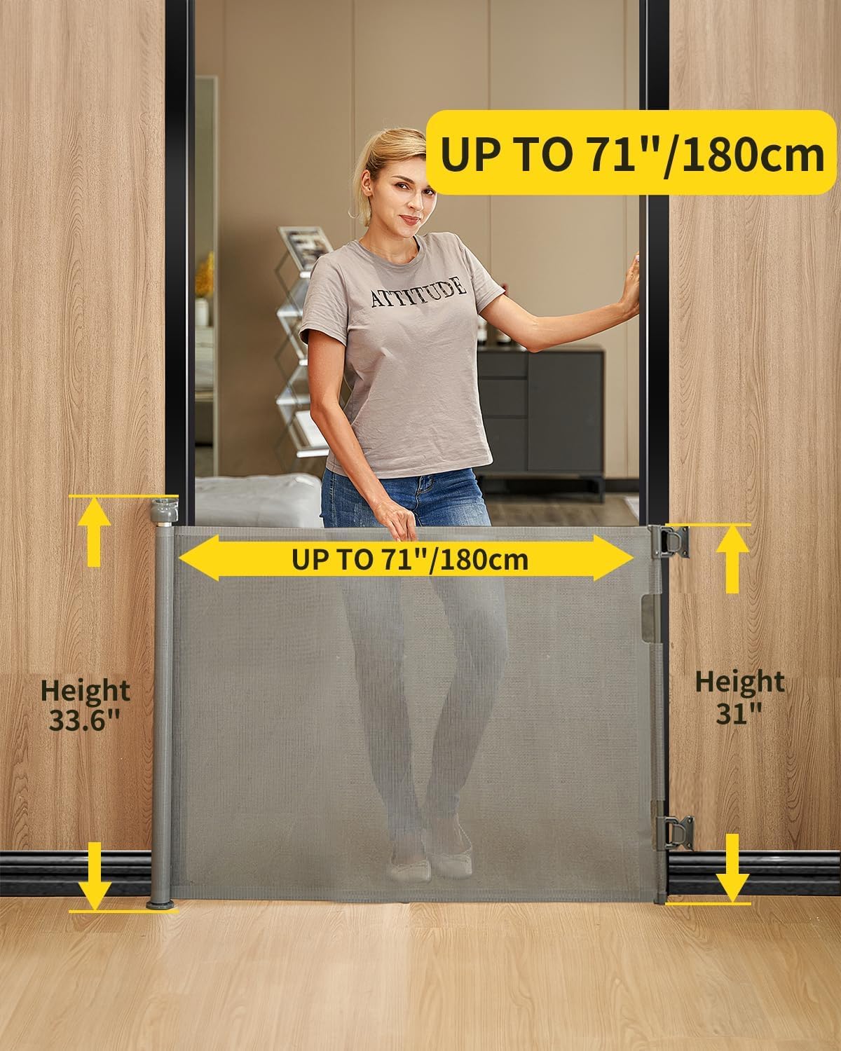 DEAR LOV Retractable Baby Gate, 33" Tall, Extends up to 71" Wide,Safety Mesh Baby Gate or Dog Gate for Doorways,Stairs,Hallways.Extra Wide Gate,Indoor/Outdoor(33"x71",Grey)