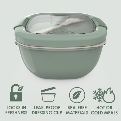 Bentgo Salad - Stackable Lunch Container with Large 54-oz Salad Bowl, 4-Compartment Bento-Style Tray for Toppings, 3-oz Sauce Container for Dressings, Built-in Reusable Fork & BPA-Free (Khaki Green)