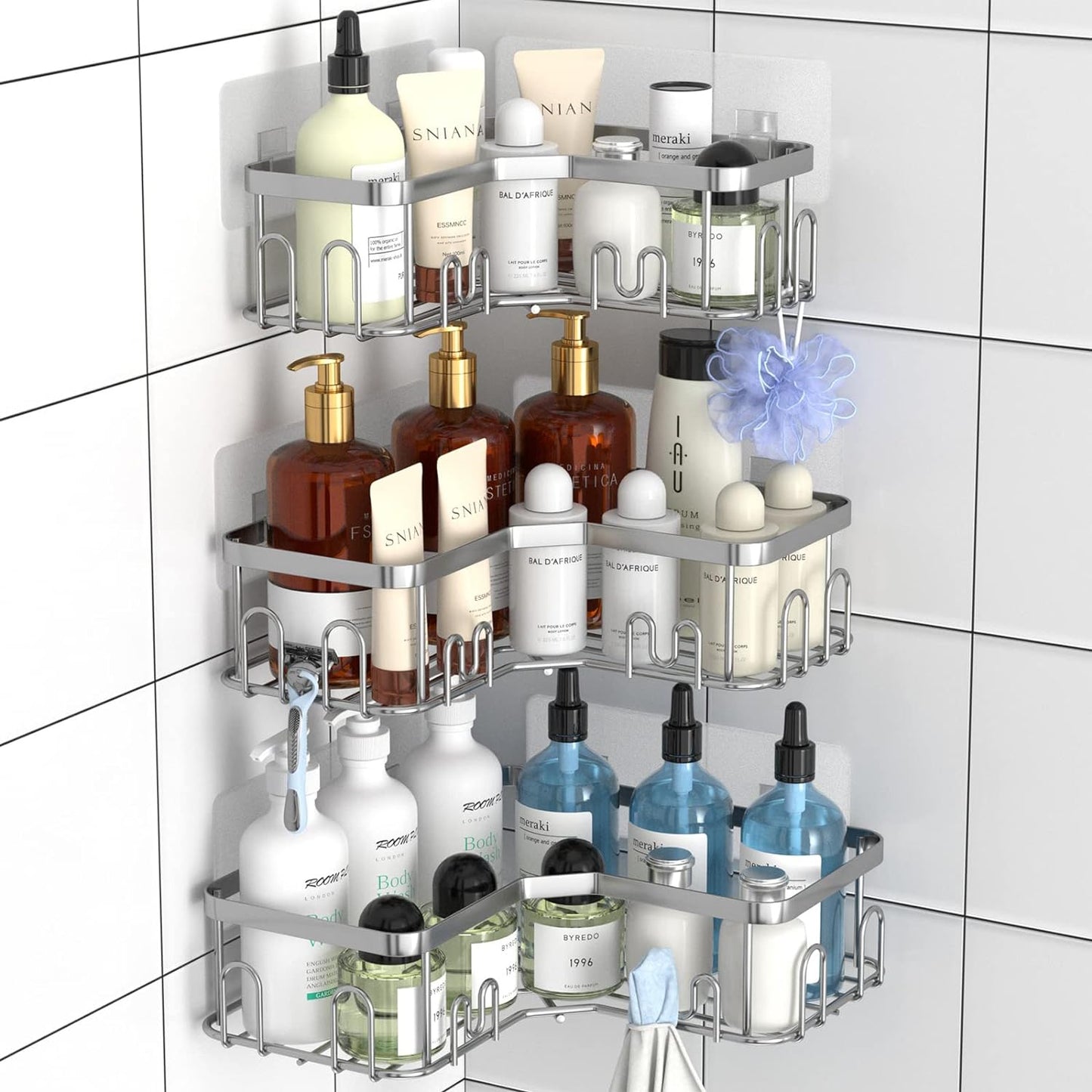 3 Pack Corner Shower Caddy/Shelf with 18 Hooks, Stainless Steel Adhesive Shower Organizer for Bathroom Storage (Silver)