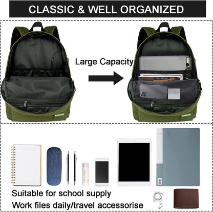 SUPACOOL Casual Laptop Backpack with USB Charging Port for Men and Women, School Bookbag for College, Lightweight Pack Back(Dark Black)