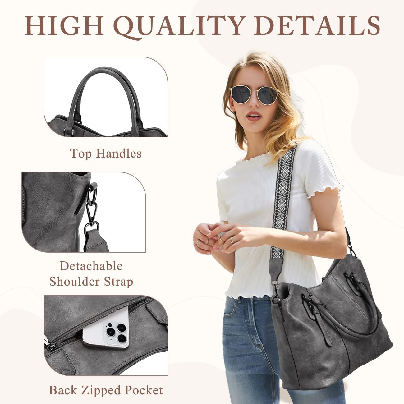 Hobo Bags for Women,VASCHY Vegan Leather Handbag Purse Top Handle Satchel Boho Shoulder Bag with Crossbody Guitar Strap