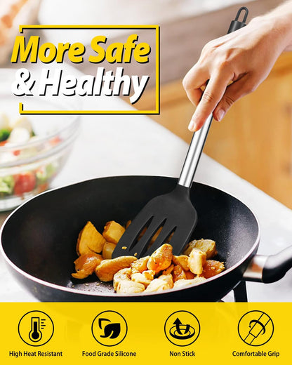 Pack of 2 Silicone Slotted Spatula,Non Stick Solid Kitchen Turner, High Heat Resistant BPA Free Cooking Utensils for Fish, Eggs, Pancakes（Black