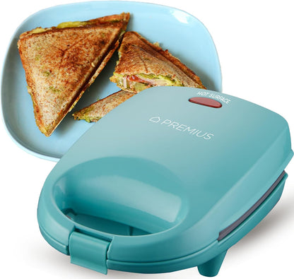 PREMIUS Ceramic NonStick Mini Snack Sandwich Maker, Indicator Light, 5x4.4 Inch Mold, Great for French Toast, Tuna Melt, Egg & Grilled Cheese, Pancake Sandwich, Desserts, Toasties, 520 W (Red)